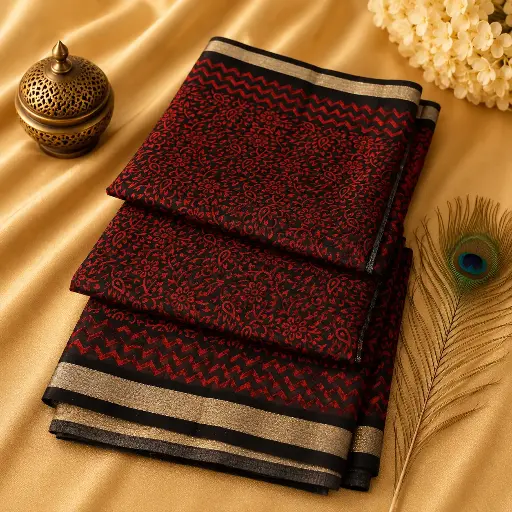 [02017001FI39D7] Black & Red Printed Cotton Silk Saree with Silver Border