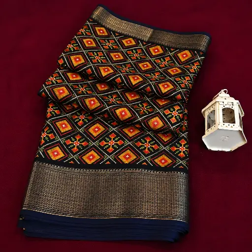 [02017001IY98B5] Black Navy Saree with Geometric Print, Gold Border