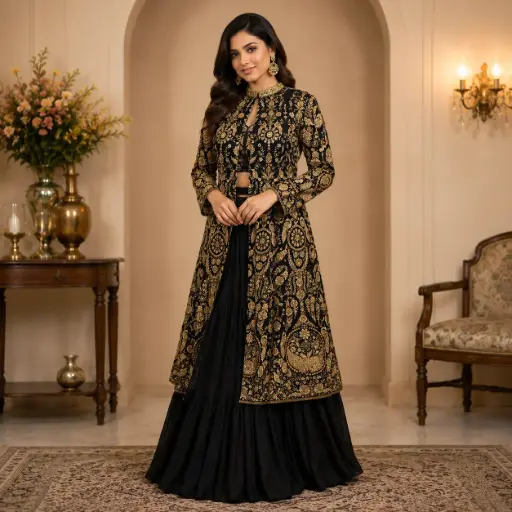[87625040GP92D1] Women’s Black Embroidered Indo-Western Lehenga Set with Designer Jacket