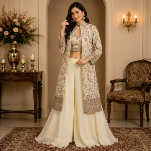 [87625064EH67E4] Women's Ivory Floral Printed Jacket Style Crop Top & Palazzo Set