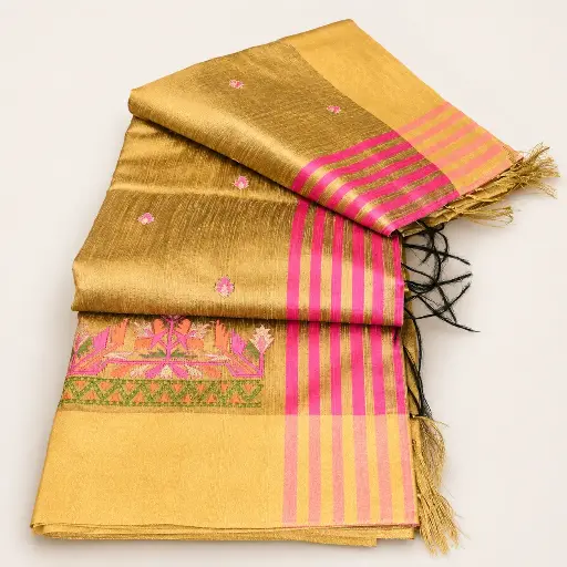 [28810001RX1647] Golden Silk Blend Saree with Pink Striped Border