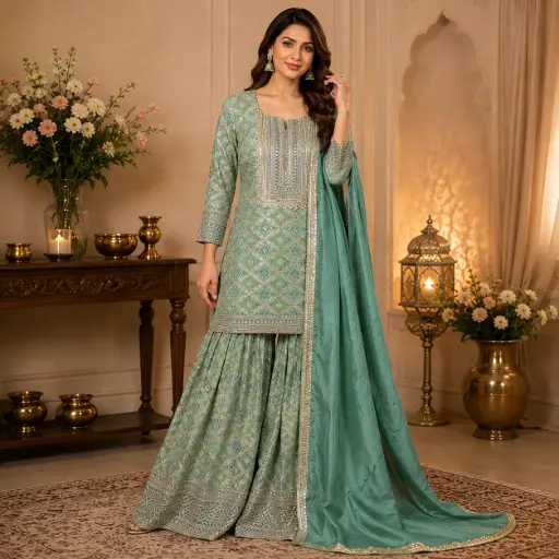[69125074EB16E4] Women's Sea Green Embroidered Kurta Palazzo Set with Dupatta