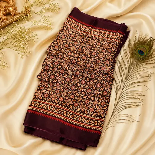 [83112001GB80C7] Deep Maroon Geometric Printed Cotton Silk Saree with Ethnic Border
