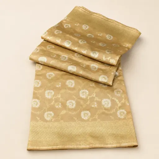 [74809001HJ64B7] Champagne Gold Banarasi Style Saree with White Floral Zari Weave Festive Wedding Party Wear Look 