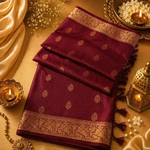 [75217001HT04C1] Elegant Maroon Banarasi Silk Saree with Gold Zari Butis & Floral Border