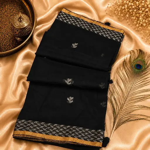 [75209001EF35E3] Elegant Black Cotton Silk Saree with Silver Leaf Motifs & Golden Border Traditional Ethnic Wear