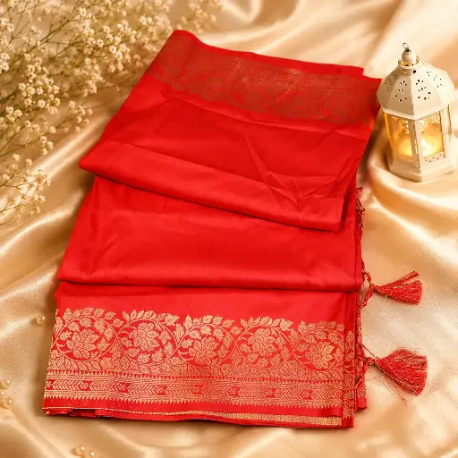 [75209001FW24E1] Elegant Ruby Red Banarasi Silk Saree with Gold Zari Border & Tassel Pallu