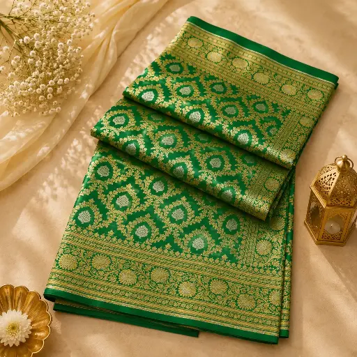 [75209001IP84B0] Emerald Green Banarasi Silk Saree with Gold Zari Floral Buta