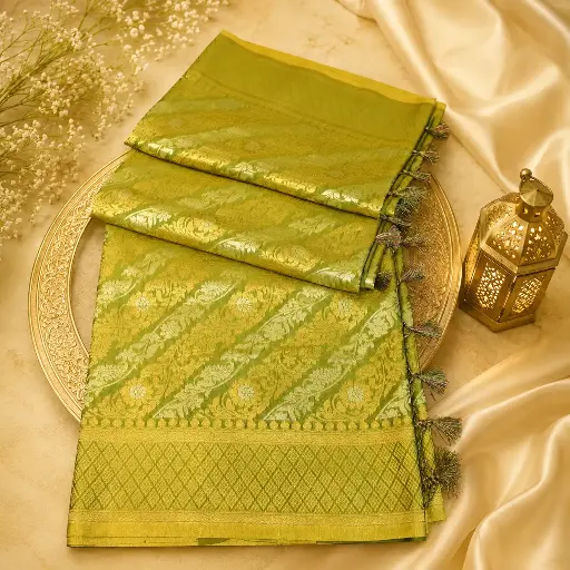 [75209001IQ05B0] Olive Green Banarasi Silk Saree with Gold Zari Floral Weave & Elegant Tassel Pallu