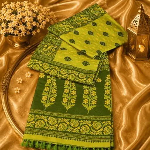 [49809001OK0157] Green Banarasi Silk Saree with Floral Woven Border & Elegant Traditional Ethnic Party Wear Design 