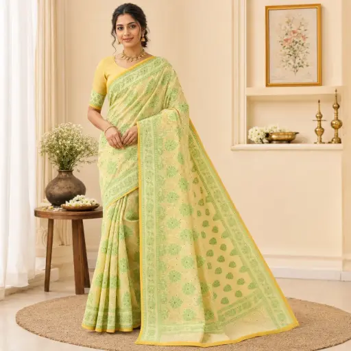 [00110001N64302] Yellow Green Floral Stone Work Saree with Printed Border, Matching Blouse