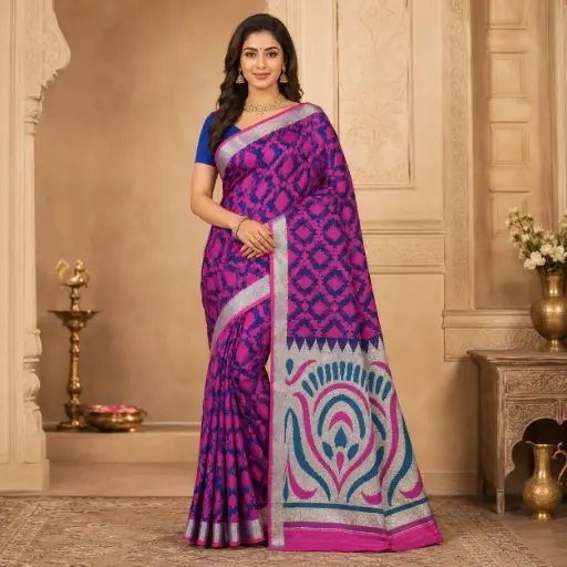 [00109001N79102] Royal Blue Magenta Woven Saree for Women with Silver Zari Border