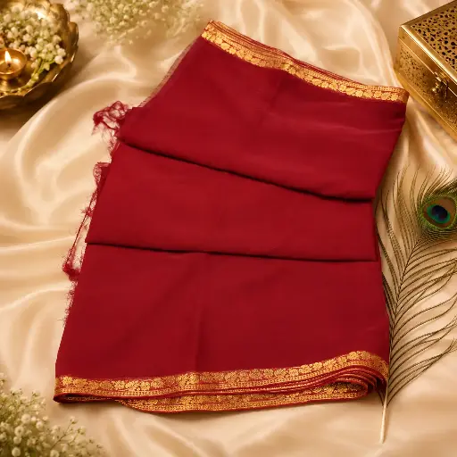 [00816001TB5038] Elegant Maroon Plain Cotton Silk Saree with Rich Golden Zari Border