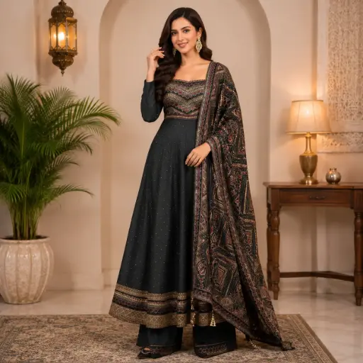 [03125002FR89E1] Women's Black Embroidered Anarkali Kurta Set with Straight Pants & Printed Dupatta