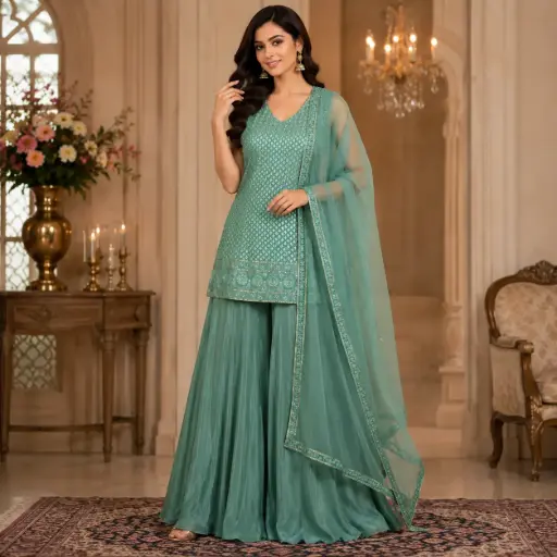 [03125002HW24C9] Women's Sea Green Embroidered Palazzo Suit Set with Net Dupatta