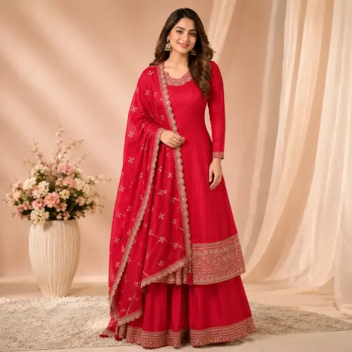 [03125003YR46E5] Women's Rani Pink Embroidered Anarkali Kurta Sharara Set with Dupatta