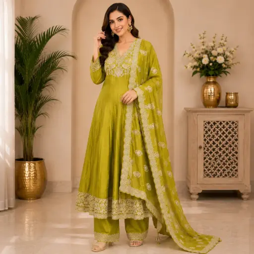 [03125005FU74E1] Women's Olive Green Embroidered Anarkali Kurta Set with Straight Pants & Dupatta
