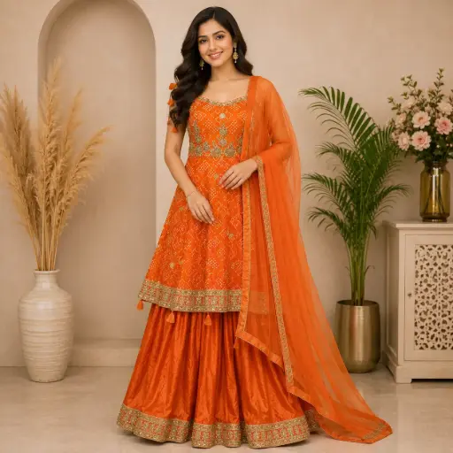 [03125005MU54E1] Women's Orange Bandhani Sharara Set with Embroidered Kurti & Dupatta