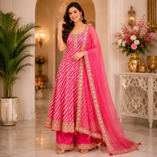 [03125005YM77E1] Women's Pink Leheriya Anarkali Kurta Set with Straight Pants & Net Dupatta