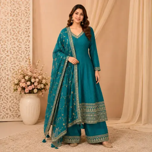 [03125074MR18E5] Women's Teal Blue Embroidered Anarkali Kurta Palazzo Set with Dupatta