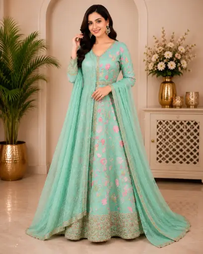 [71525002GQ97D3] Elegant Mint Green Floral Embroidered Anarkali Suit Set for Women with Dupatta