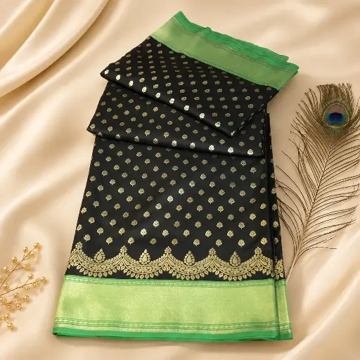 [15409001NS4964] Black Silk Saree with Green Border, Gold Buti Work & Peacock Feather
