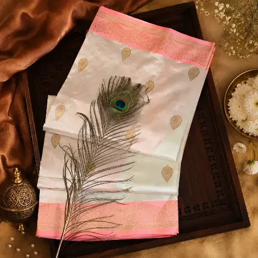 [73809001HE48B7] Elegant Cream Soft Silk Saree with Pink Zari Border