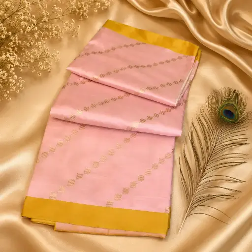 [73809001HE56B7] Elegant Baby Pink Silk Saree with Mustard Yellow Border & Gold Zari Stripes