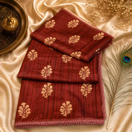 [73317001GF71C8] Elegant Maroon Cotton Silk Saree with Golden Leaf Buta Design
