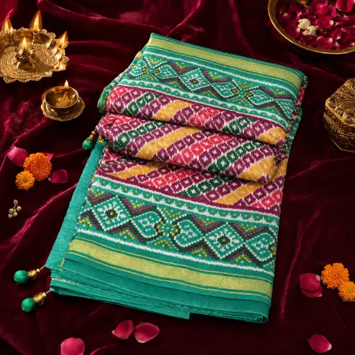 [73317001JZ20A5] Teal Green Patola Print Saree with Multicolor Border & Tassels Festive Ethnic Wear
