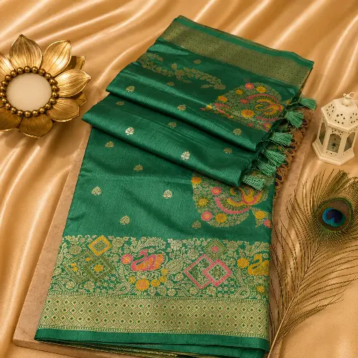 [05609001EH16E4] Elegant Sea Green Banarasi Silk Saree with Multicolor Peacock Zari Border