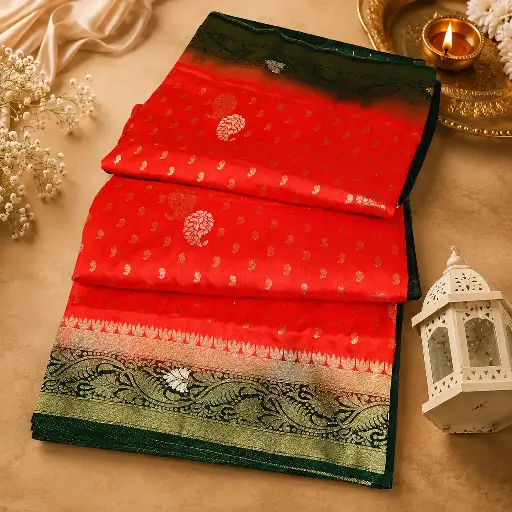 [05609001GN30E0] Elegant Red Banarasi Silk Saree with Black Zari Border & Gold Buti Weaving