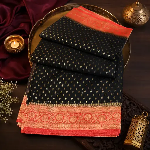 [05609001HS50C1] Elegant Black Banarasi Silk Saree with Gold Buttis & Red Zari Border