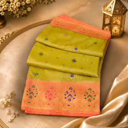 [05609001LW7085] Olive Green Banarasi Silk Saree with Peach Zari Border & Multicolor Floral Butta Traditional Wear 