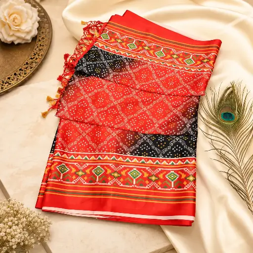 [53917001IM19A9] Women's Coral Red Printed Saree with Black Contrast & Ethnic Border Tassel Pallu