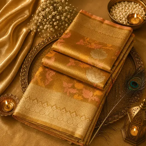 [53917001JM60A4] Elegant Golden Beige Banarasi Silk Saree with Pastel Floral Weave & Rich Zari Border