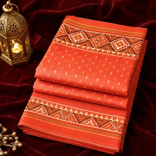 [53917001TO12A9] Coral Orange Ikat Print Saree with Ethnic Border