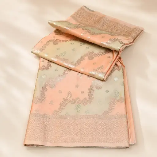 [53917001XM98A9] Peach Beige Banarasi Style Saree with Silver Zari Floral Weave