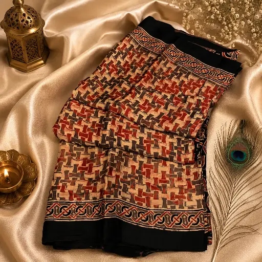 [07812001FS85E1] Women's Geometric Printed Black & Brown Saree with Artistic Border