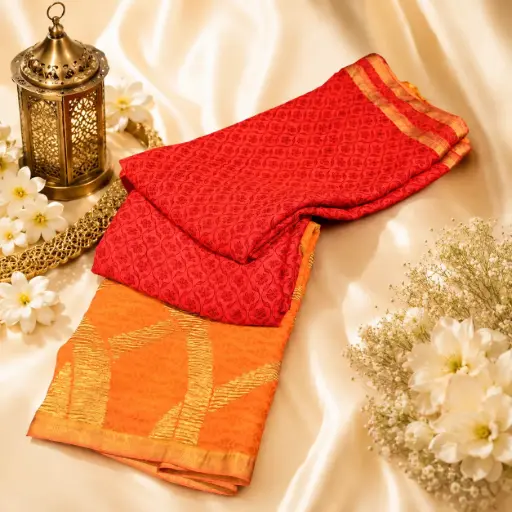 [49917001OC6356] Coral Red Silk Blend Saree with Floral Print & Golden Pallu