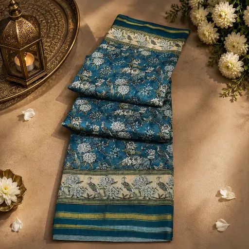 [74717001FP35E0] Navy Blue Floral Printed Banarasi Silk Saree with Bird Motif Border