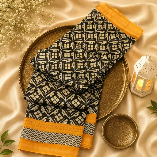 [74717001FP40E0] Black & Mustard Geometric Printed Saree with Contrast Border