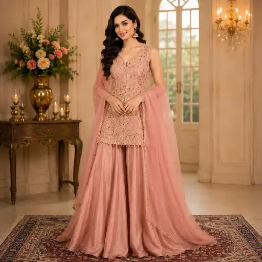 [95725031EP00E7] Women’s Blush Pink Embroidered Palazzo Suit Set with Dupatta