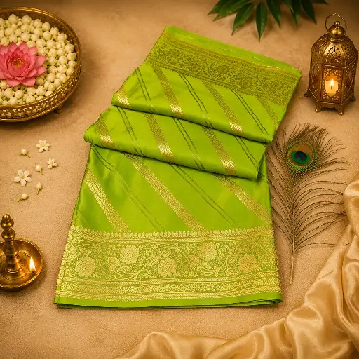 [74109001HJ47B7] Elegant Lime Green Banarasi Silk Saree with Golden Zari Border and Floral Pallu