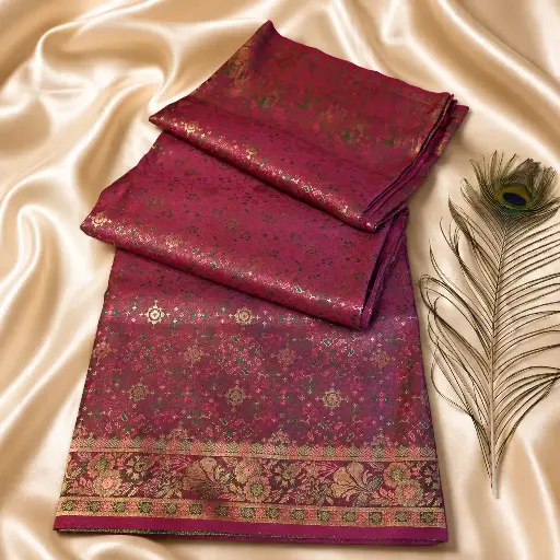 [54709001FT56E1] Maroon Banarasi Silk Saree with Floral Zari Border & Peacock Feather Styling