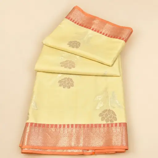 [39209001NM2062] Lemon Yellow Gold Banarasi Style Saree with Copper Zari Border 