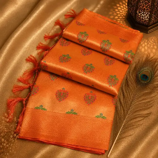[00617001ZP0860] Peach Soft Silk Saree with Multicolor Paisley Buttas & Rich Zari Border 