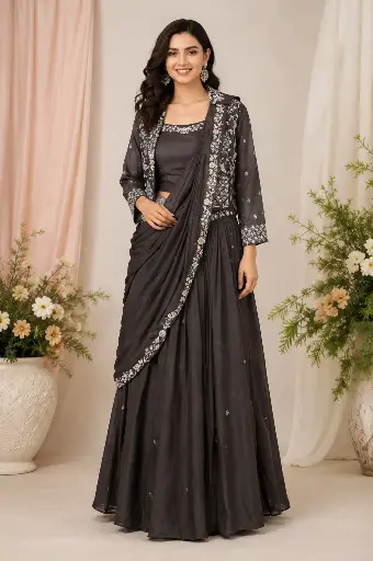 [79542068ZK35C9] Charcoal Grey Designer Crop Top with Draped Skirt & Embroidered Jacket Co-Ord