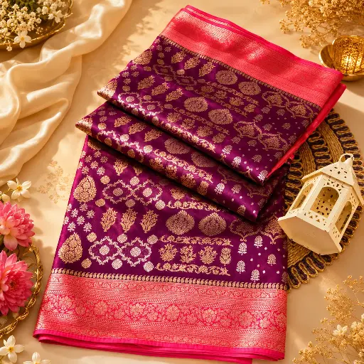 [37717001HY51C3] Elegant Purple Banarasi Silk Saree with Gold Zari Motifs & Pink Contrast Border