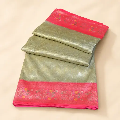 [37717001HY52C3] Grey Gold Banarasi Style Saree with Pink Floral Zari Border